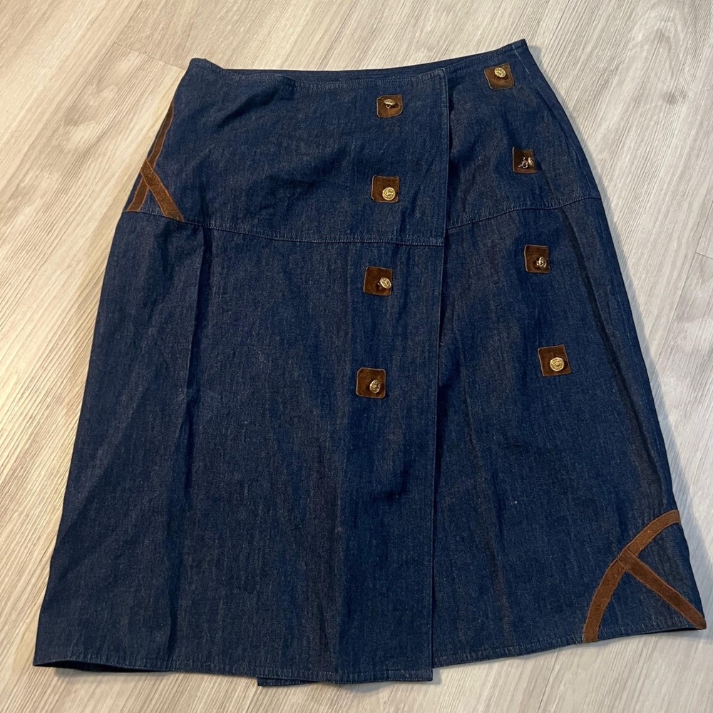 Marc Allan Vintage Denim Midi Skirt Blue Cotton Button Suede Trim Western 11/12